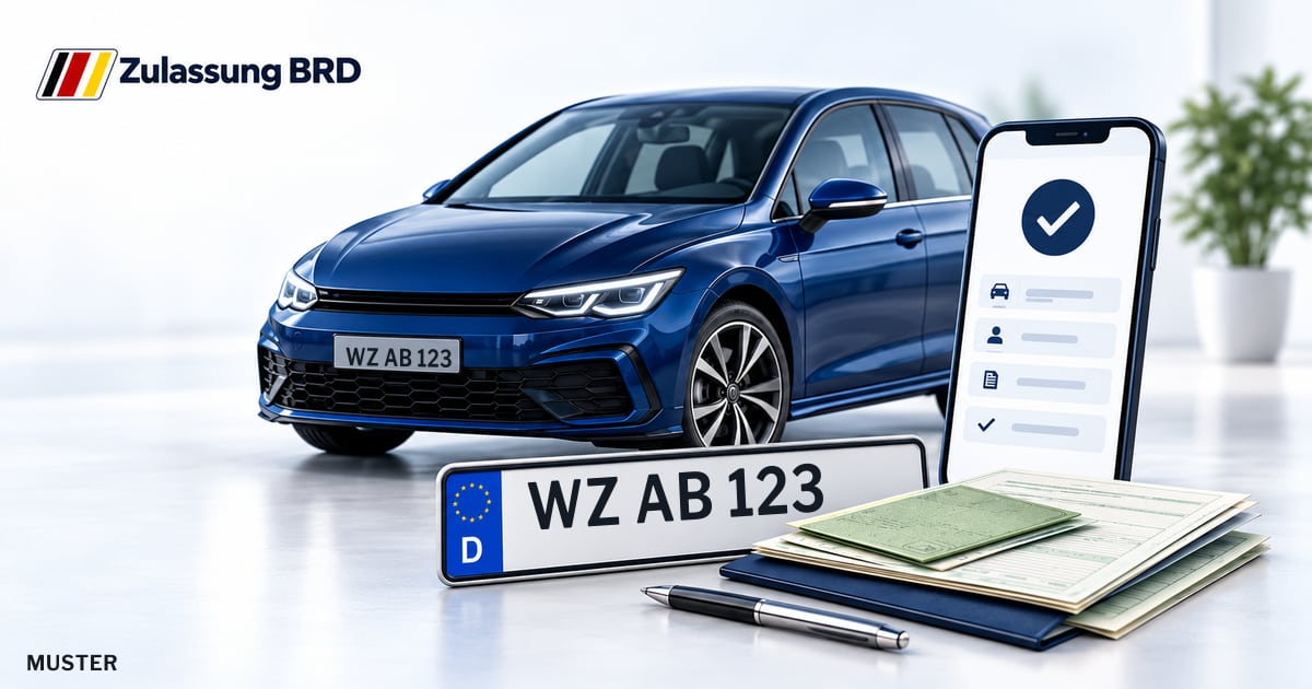 Online Fahrzeugzulassung in Herborn-Burg: Musterkennzeichen WZ AB 123, Auto und Fahrzeugpapiere und Smartphone. Illustration mit Logo von Zulassung BRD.